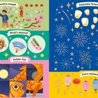 "Beautiful temple", "Making pairs", "What's missing?", "Golden fish", "Fantastic fireworks", "Extra stickers". 
Illustration mit bunten Laternen, Fischen und Feuerwerken.