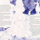 Links steht Text: Moomintroll erwacht, erkundet schneebedeckte Landschaft, findet weißen Schneepferd. Rechts weitere Erzählung. Illustration mit Moomintroll, weißes Pferd, zugefrorene Natur.