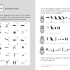 Links: "Task 34: Ancient Code" mit Hieroglyphen-Alphabet. Rechts: Hieroglyphen-Rätsel mit Canopic-Gläsern.