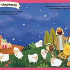 "The shepherds", "How many sheep can you count?", "Good News", "Jesus was a gift." Illustration: Hirten, Schafe, Lagerfeuer, Stadt.