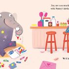 Texte: "Joy, are you nearly finished with Nanny's birthday card?" "We'd better start making the cake. She'll be here soon!" Eine Illustration zeigt einen Elefanten und ein Kind in einer Küche beim Basteln und Backen.