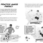 PRACTICE MAKES PERFECT. Anleitungen zum Dribbeln und Ballkontrolle, illustriert mit zwei Jungen beim Fußballtraining.