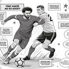 Comic-Illustration mit zwei Fußballspielern im Zweikampf. Texte beschreiben deren besondere Fähigkeiten.