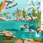 "To the skies!" und "Europe was once a group of tropical islands. Here pterosaurs flew alongside the very first birds on Earth." 

Illustration zeigt tropische Inseln mit prähistorischen Tieren, darunter Flugdinosaurier über einem Ozean.