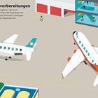 Letzte Flugvorbereitungen. Zwei Flugzeuge am Terminal, Personal und Passagiere, Gebäude mit Glasfront. Illustrationsstil.