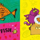 "Big Fish, Little Fish, Cardboard Box." Illustration mit einem großen Fisch, einem kleinen Fisch, einer Katze und einem Karton.