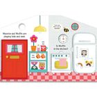 „Maurice and Muffin are playing hide and seek“ und „Is Muffin in the kitchen?“ Ein bunter Raum mit Tür, Uhr, Kühlschrank.