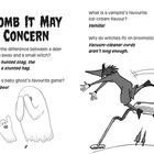 Titel: Tomb It May Concern. Vier Witze. Illustrationen: Geister und Hexe auf Staubsauger fliegend.