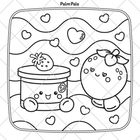 Text: "Palm Pals." Illustration von niedlichen Früchtchen mit lächelnden Gesichtern und Herzen im Hintergrund.