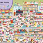 „Supermarket Search: Search the aisles for...“ zeigt Regale voller niedlicher, lächelnder Lebensmittelillustrationen.
