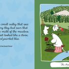 Links: "At last they came to a small valley..." Rechts: Illustration einer Landschaft mit Figuren und einem blauen Haus.