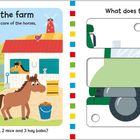 „Welcome to the farm“, „What does the farmer drive?“; Scheune, Traktor, Tiere, Personen, Baum, Eimer, Apfel, Heuballen.