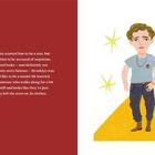 Links: Weißer Text auf rotem Hintergrund über Nepotismus und Modeln. Rechts: Illustration eines Jungen auf gelbem Laufsteg.