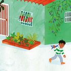 Texte beschreiben Ratschläge von Mamá Elena. Illustration zeigt einen Garten mit Pflanzen, einer sitzenden Frau und einem lachenden Jungen.