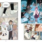 Text im oberen Panel: "Hopefully I can find someone to sit with..." Eine Person betritt einen belebten Raum, andere lachen und machen Fotos.