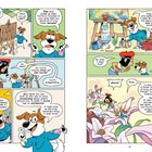 Comic mit Mensch und Hund. Konversation über Sinne. Hund erklärt Düfte durch detaillierte Illustrationen von Blumen.