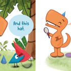 Ein orangefarbener Dinosaurier und ein blauer Vogel. Text: "And this hat." "El sombrero es mío. Me veo muy guapo." "Yes, you look great."