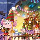 Text: "Her elf friends were starving—Santa was famished! But her famous sweet gingerbread dough had all vanished."

Eine weihnachtliche Illustration mit Elfen in bunten Hüten, die besorgt auf leere Teller blicken. Im Hintergrund ein geschmückter Weihnachtsbaum.