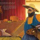 Texte berichten von Tieren im Stall bei Morgendämmerung. Ein Bauer mit Strohhut hält ein Tier; andere Tiere schauen zu ihm.