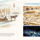 Der Text beschreibt, wie Pferde an Weihnachten Schlitten über gefrorene Felder ziehen. Links oben eine Illustration: Ein Mann auf einem Pferdeschlitten in einer Winterlandschaft. Rechts eine Stadtansicht in drei Teilen: tagsüber, abends und nachts.