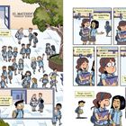 Texte beschreiben eine Schulsituation mit Schülern in Uniformen. Junge ist nervös wegen eines Mädchens, Dialoge zeigen seine Unsicherheit.