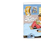 Ein Cartoon-Kater liegt auf einem Bett, hört Musik und liest ein Buch namens "Warrior". Geräusche: "THUMP". Poster an der Wand.