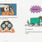 Comic mit Nachbarschaftsszene. Eine Person mit Fernglas beobachtet Aktivitäten: Pfadfindertreffen, Herbstdekoration, Trampolin.