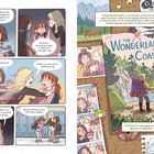 Links: Drei Mädchen diskutieren hektisch über eine Wandergruppe. Rechts: Ein buntes Poster von "The Wonderland Coast" mit Wanderer.