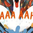 Orange Schrift „AAAA AAH!“ auf einem abstrakten Hintergrund mit weißen und bunten Formen.