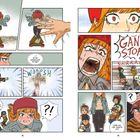 Ein Comic: "Fwooo" ein skatespringendes Mädchen, "Gang, Stop!!" ruft sie; "Wooooosh", ein plötzlicher Blitz, "Glow..."