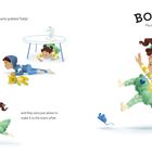 Charlie griff nach Teddy. Pia stolperte. Kinder kriechen, rennen, Mädchen fällt über eine Katze. Farbig und dynamisch.