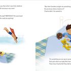 Charlie hört Texte über Mut und Mantras. Links: Eine Illustration von einem Sprungbrett. Rechts: Kind mit Vater am Bett.