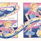 Text: „Dolly sang at the top of her lungs!“ Illustration eines Mädchens im blauen Kleid, umgeben von Noten und Schmetterlingen.