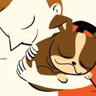 Text: "I am Murphy. And I am happy." Eine Illustration zeigt eine Person, die einen schlafenden Hund umarmt.