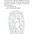 Text über axolotls und eine Zoo-Dame. Illustration eines Axolotls, klein, rosa, lächelnd, mit flauschigen Kiemen.