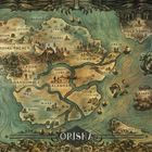 Landkarte mit Orten wie "Royal Palace", "Lagos" und "Oron". Dekorative Umrandung, zeigt imaginative Landschaft.