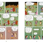Links: Ein Kind verfolgt Schokolade zu einem offenen Kanaldeckel. Rechts: Es rutscht hinein mit "YAAARGH!!!". Danach umgeklappt.
