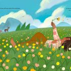 Zwei Textzeilen: "The mountain was still even when the wind blew," und "so she practiced deep breaths when her fearful thoughts grew." Ein Mädchen liegt in einer bunten Blumenwiese, hält eine Blume. Im Hintergrund Berge und Rehe.