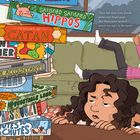 Text: "They had done every puzzle, tried every board game." Stapel von Spielen, Kinder gelangweilt, eine Person liest auf einem Sofa.