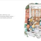 Text: "They practiced their lines while they went around the neighborhood giving shalach manot—little gifts of food—to their family and friends."

Illustration: Gruppe von Tieren mit Körben steht vor einer Tür, Hausnummer 70, teilt Geschenke aus.