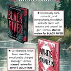 „Kirkus Stars“, Rezensionen für „Black River“ und „White Mountain“. Zwei Buchcover, Waldhintergrund, rote Sterne.