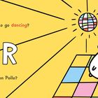 Text: "Do you want to go dancing? OR Bailar con Pollo?" Illustration eines Huhns auf einer bunten Tanzfläche.