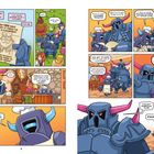 Eine Comic-Illustration: Zwei gepanzerte Charaktere diskutieren über Gurkentestspiele. Einer drängt zur Arbeit in einer Küche.