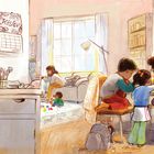 Text: "When the calendar turns to Kislev, and Chanukah creeps around the corner, Jewish children turn lumps of clay...into dreidels."

Illustration einer gemütlichen Hausatmosphäre: Kinder sitzen um einen Tisch, basteln, während im Hintergrund Spielzeug und Möbel zu sehen sind.