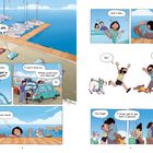 Text: "Hold on. This is a boat...place... Did they get a houseboat?! I don’t think so... Where could your aunt Bea be? Hi! Just a sec... Down here! Yýy! Xúdobudińt! *Kiddo! The dogs! I finally get to see them in person! Just the two bags?"

Beschreibung: Ein Comic mit Figuren an einem Bootssteeg mit Hunden und Autos.