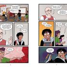 Text: "YOUR ASSIGNMENT FOR NEXT WEEK IS TO DECIDE ON A GROUP PROJECT." Illustration einer Unterrichtsszene mit Schülern.