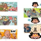 „NOooo!“, „MY HOT DOGS!“, „No way…“, „The movie…“, „Everybody, RUN!“, „...it’s real!“. Komische Illustrationen von Chaos und Panik.