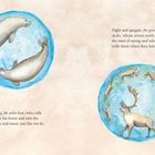 Texte: Beschreibung von Tieren und ihrem Lebensraum. Illustrationen in kreisförmigen Rahmen: Seehund, Eisbär, Enten, Karibus.