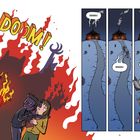 Text: "DOOM!", "EEEEEK!"
Illustration: Zwei erschrockene Personen vor Flammen, links eine bedrohliche Silhouette, rechts ein Hausweg.