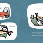 Ein Comic-Vogel versteckt sich unter einem Bett, isst oder spielt mit einem Stock und liegt tot auf dem Rücken. Texte beschreiben Szenen.